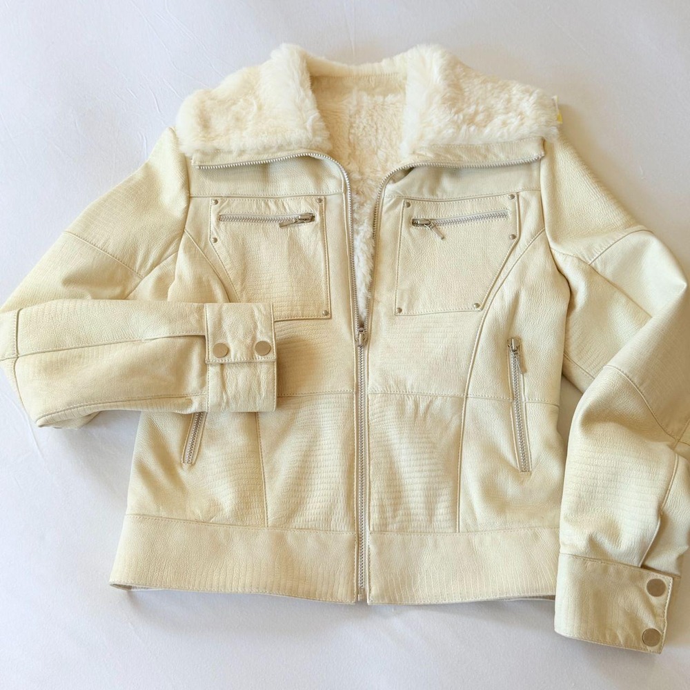 Kara Vintage Y2K Cream Leather Rabbit Fur Utility Bomber Jacket Womens S